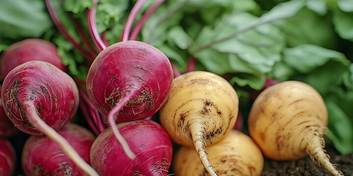 Vibrant Close Up of Freshly Harvested Beets with Rich Soil, Showcasing Red and Golden Varieties