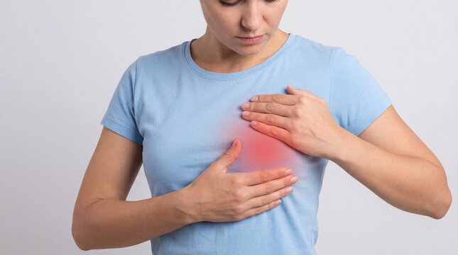 Woman holding her breast with red glow effect representing breast pain or cancer awareness on white background