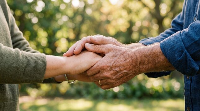Close up of an older person and a younger person holding hands for comfort and support with blurred nature background
