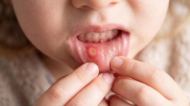 Close up of a painful aphthous ulcer canker sore on the inner lower lip of a child
