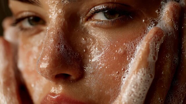 Slow motion close up of woman washing face with foamy bubbles in bathroom studio vanity indoor morning routine