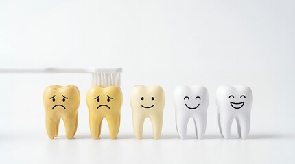 Fototapeta premium Toothbrush cleaning row of yellow and white tooth models with happy and sad faces on white background