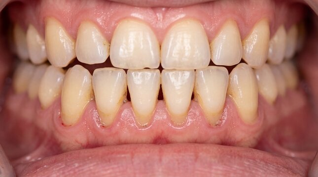 Close up of human mouth showing gingival recession receding gums and tartar on lower teeth