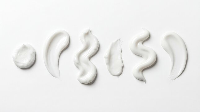 Set of six white toothpaste or cosmetic cream smears isolated on a pure white background