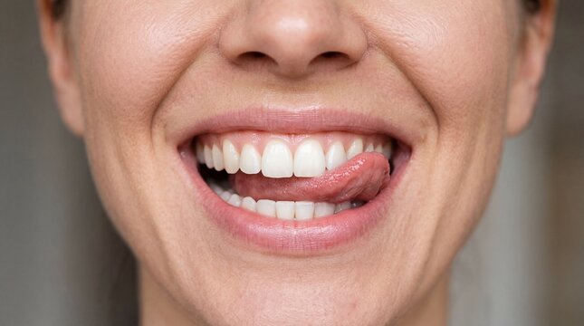 Close up of happy woman licking her white healthy teeth with tongue on grey background
