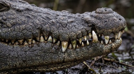 Fototapeta premium Close-up of a Nile crocodile jaw with sharp teeth and textured scales.