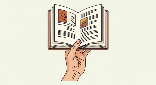 Hand Holding Open Book with Illustrations and Text, Reading Material.