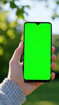 Iphone Mockup, Hand holding smartphone with green screen against outdoor blurred background, perfect for app presentation, showcasing calm serenity and template use