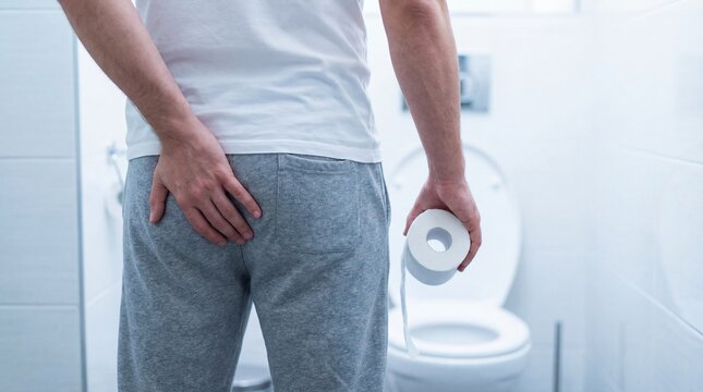 Man holding toilet paper suffering from hemorrhoids and anal pain in bathroom