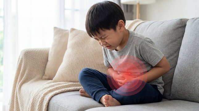 Asian boy sitting on sofa suffering from stomach ache with red pained area effect on abdomen