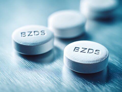Macro shot of BZDS engraved white pills on metallic surface. Symbolizes benzodiazepine dependency, anxiety relief, and pharmaceutical intervention in mental health.
