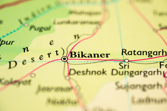 Bikaner and Ratangarh displayed on Rajasthan desert road map close up.