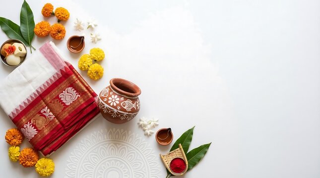 Traditional indian diwali festival decorations with saree and flowers isolated on white background