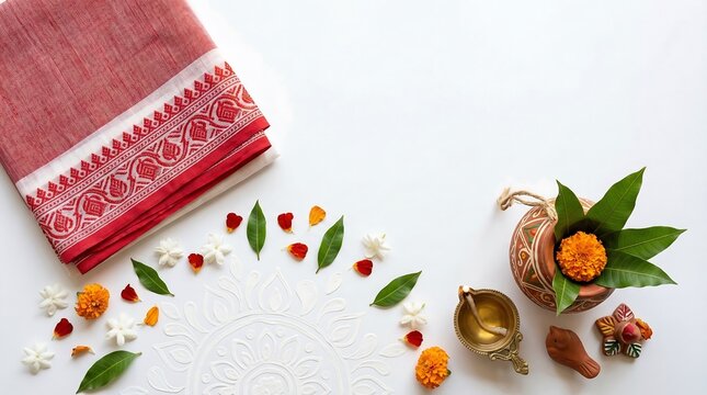 Indian festival diwali decorations with flowers and traditional items on white