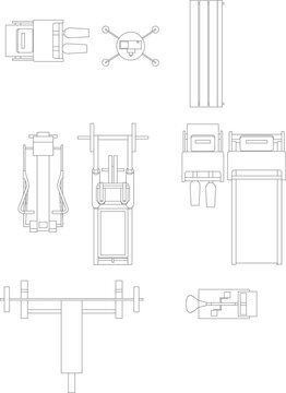 Technical architectural drawing showing gym equipment including weight machines, cardio equipment, and relaxation furniture in plan view.