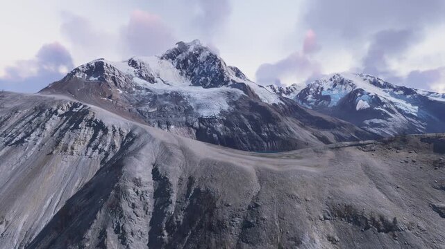 Sunset aerial drone view of the snow in Cerro Castillo National Park. Rio Iba&ntilde;ez. Aysen. Chile
