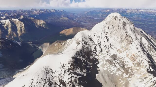 Aerial drone view of the snow in Cerro Castillo National Park. Rio Iba&ntilde;ez. Aysen. Chile