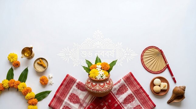 Poui flowers and leaves with traditional bengali items on red cloth