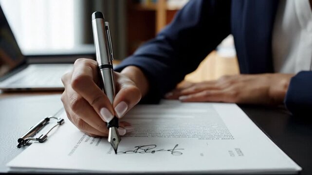 Close-up of a professional's hand signing tax documents with a pen on an office desk, conveying a serious, focused mood.
