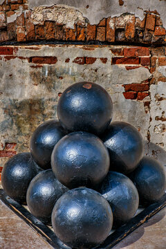 Pyramid stack of cannonballs at Fort Zachary Taylor in Key West Florida