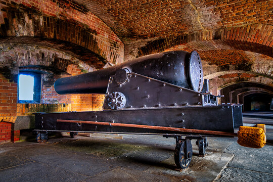 Explore the Historic Artillery: Vintage Cannon Inside Fortified Brick Vaults, Fort Zachary Taylor, Key West, Florida, USA