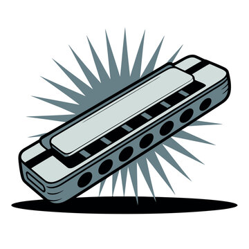 A cartoon illustration of a harmonica with a starburst effect in the background