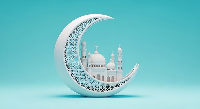 White mosque inside crescent moon on blue background for ramadan
