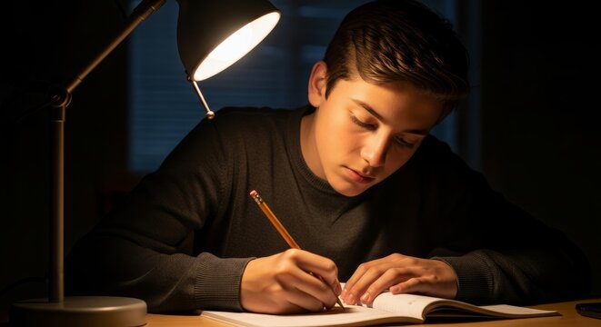 Focused teenage student studying under desk lamp in dim room