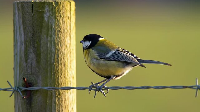 A small, yellow bird perches on barbed wire near a wooden post