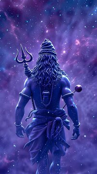 Divine cosmic spiritual figure, holding powerful ancient symbols, stands resolute against a vibrant purple nebula, embodying mystical energy and universal profoundness