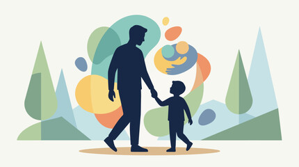 Fototapeta premium Silhouette of man and child walking.