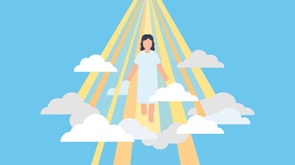 Fototapeta premium Woman standing on clouds with rays.