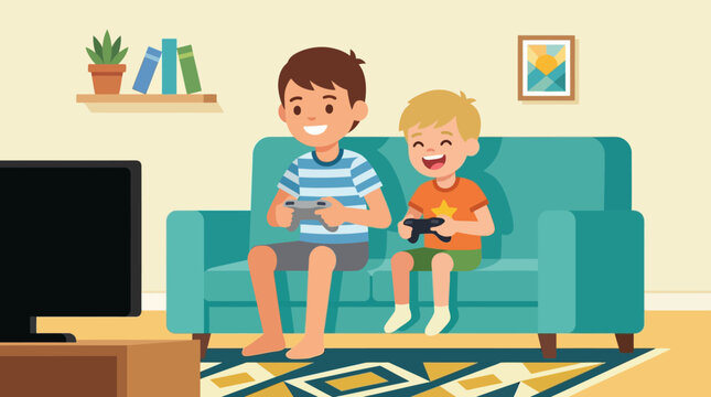 Two boys playing video games together.