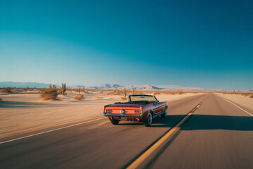 Fototapeta premium Vintage red convertible car cruising along empty desert highway toward distant mountains under blue sky