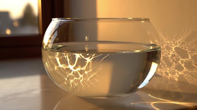 Golden hour sunlight refracting through clear water in a glass bowl, creating intricate caustic patterns on the wall for purity and natural physics concept
