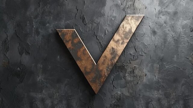 Video A single metal letter V affixed to a dark-colored wall