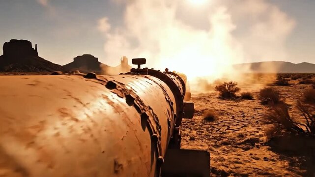 Industrial Oil Pipeline Crisis in Arid Cracked Desert at Sunset