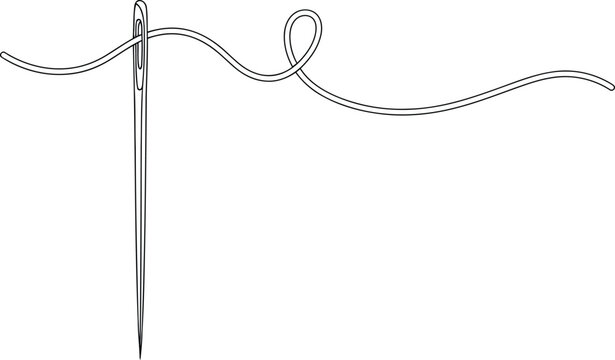 A minimalist black and white line art illustration of a sewing needle threaded with a long string Vector