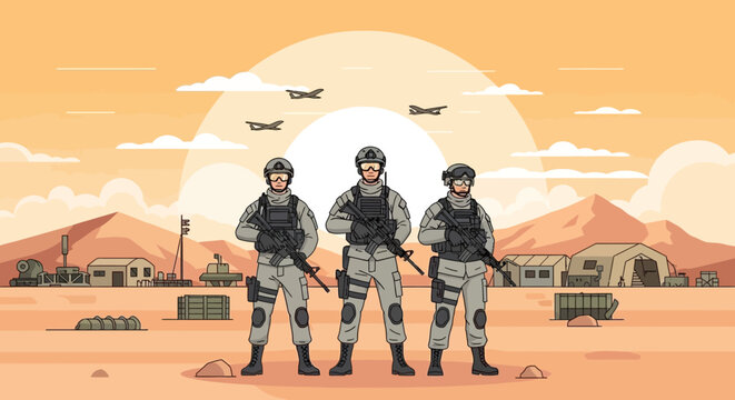 Desert Military Base with Soldiers and Jets at Sunset