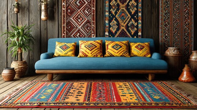Boho living room showcases vibrant textiles and natural elements.