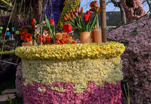  Flower decorations prepared for the evening illuminated Flower Parade Bollenstreek in Noordwijkerhout