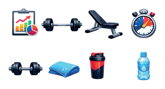 Gym equipment icons with barbell bench towel and water bottle