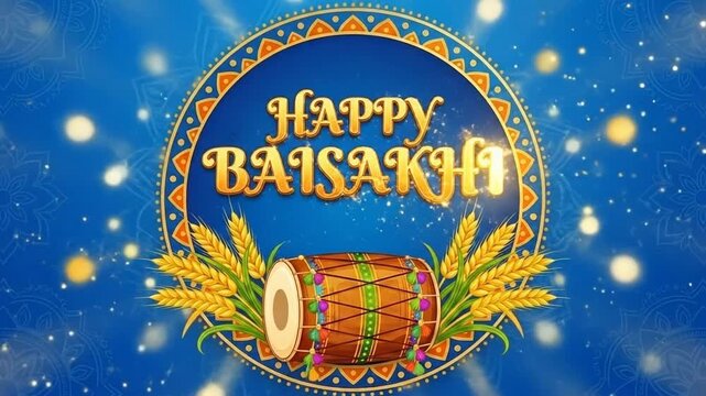 Joyful digital illustration celebrating baisakhi with a traditional dhol drum, golden wheat, and a decorative frame on a sparkling blue background.