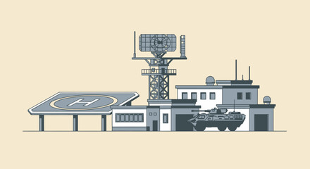 Obraz premium Military base with helicopter pad, radar tower, and armored vehicle