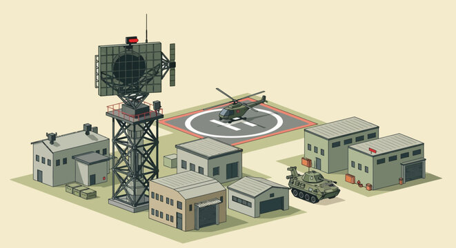 Military base isometric illustration: radar, helicopter, tank, buildings, helipad