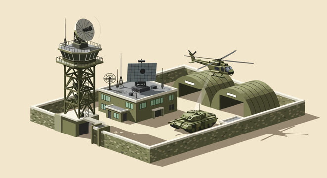 Military base with control tower, hangars, helicopter, and tank