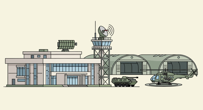 Military base with helicopter, tank, control tower, and hangar. Airfield illustration.