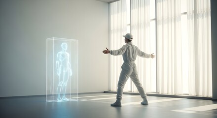 Fototapeta premium Business professional interacting with futuristic holographic human silhouette in modern office with soft lighting
