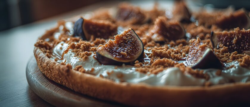 Small cafe Italy serf up decadent creamy mascarpone pizza topped caramelized fig crushed amaretti cooky clean professional stock photo sharp macro photography style cinematic realism ultra