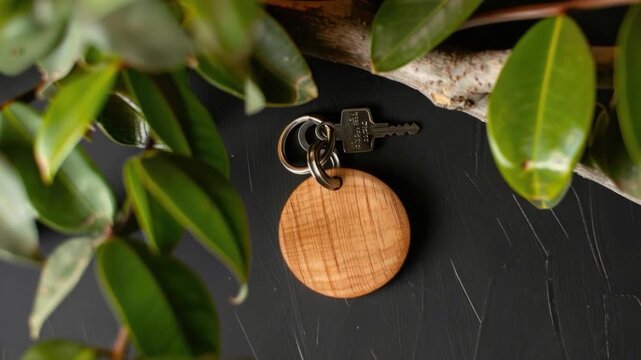 Video A wooden keychain sits on a table, perfect for use as a prop in lifestyle or product